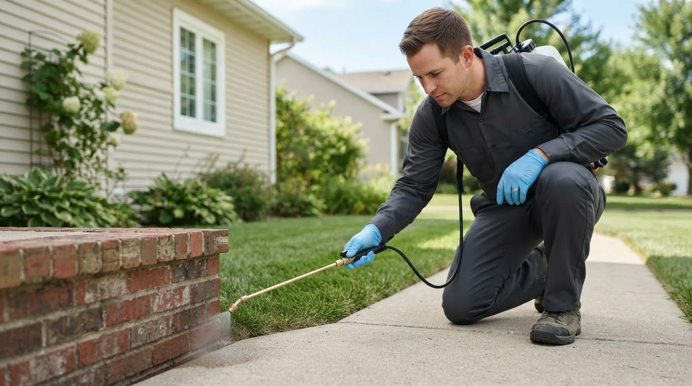 Pest control technician treating a home near Phillipsburg, MO