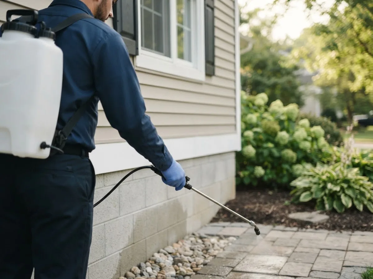Pest control technician inspecting a home in Phillipsburg, MO